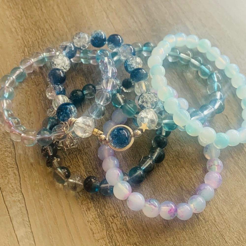 We got the blues, stacking glass bead bracelet set with hand